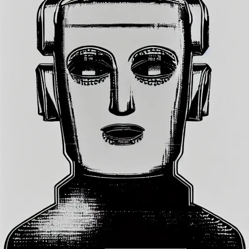 Prompt: of robot from the film metropolis, depicted using the experimental repetitive technique of andy warhol