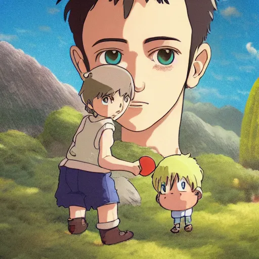 Prompt: friendly guy and small creature , with Fragile looking character portrait face made in Ghibli artstyle ,highly detailed art, beautiful scene, sharp focus, smooth, 8k, anime art,