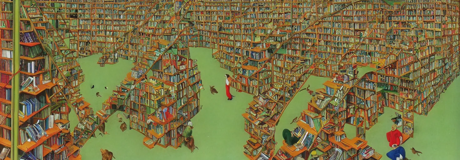 Image similar to a book store, customers are rabbit, by m. c. escher, yellow, green, red, snowy, ultra sharp, ultra detailed, happy, uplifting, colorized by salvador dali