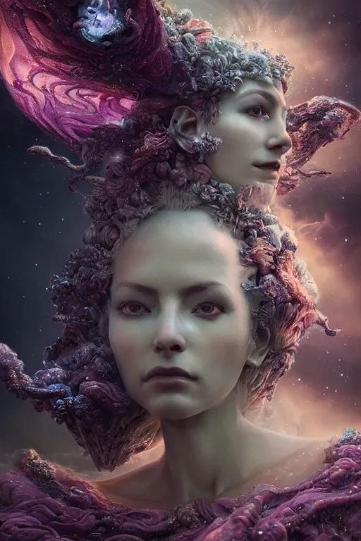 Prompt: beautiful detailed cgi matte painting female space empress of the andromeda, by ellen jewett, alessio albi | symmetrical features, ominous, alluring, photorealism, intricate, ornate, royally decorated, organic, growth, whirling gasses, glowing particles, refractive adornments, colorful torn nebulas, radiant vibrant colors