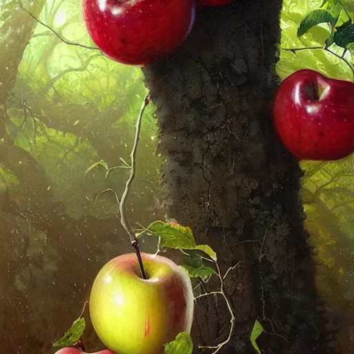 Prompt: a tree with many $black colored apples$ (((leaves))) !!!!!!!black poison apples, painted by rossdraws, greg rutkowski, thomas kindkade