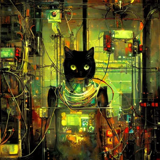 Prompt: robot cyborg cat, many wires and neon lights exposed, metal and glowing eyes, highly detailed painting by jeremy mann