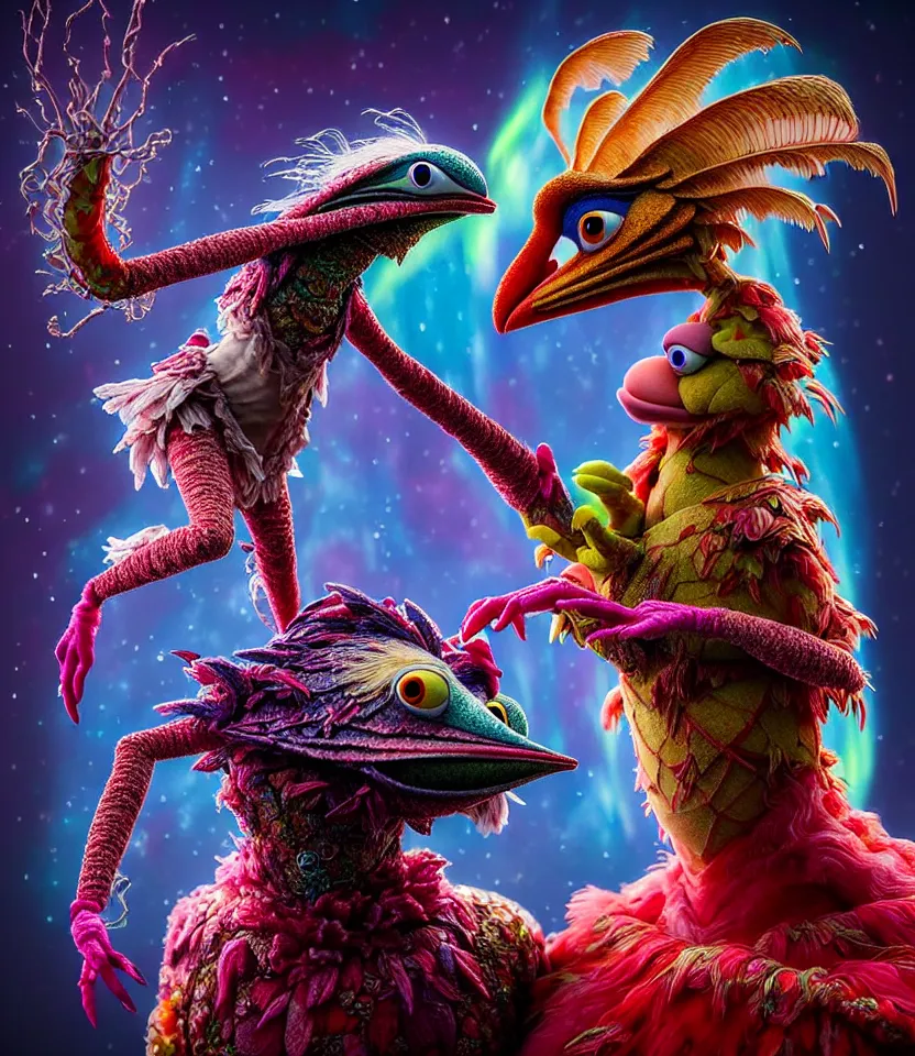 Image similar to hyper detailed 3d render like a Oil painting - kawaii portrait of hopeful lovers hugging tight or kissing pecking adorably Aurora (a beautiful girl skeksis muppet fae princess protective playful expressive acrobatic from dark crystal that looks like Anya Taylor-Joy) seen red carpet photoshoot in UVIVF posing in scaly dress to Eat of the Strangling network of yellowcake aerochrome and milky Fruit and His delicate Hands hold of gossamer polyp blossoms bring iridescent fungal flowers whose spores black the foolish stars by Jacek Yerka, Ilya Kuvshinov, Mariusz Lewandowski, Houdini algorithmic generative render, golen ratio, Abstract brush strokes, Masterpiece, Edward Hopper and James Gilleard, Zdzislaw Beksinski, Mark Ryden, Wolfgang Lettl, hints of Yayoi Kasuma and Dr. Seuss, Grant Wood, octane render, 8k