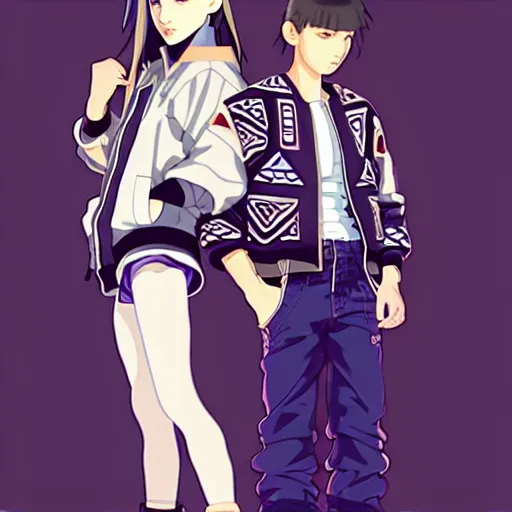 Prompt: a pretty boyish natalie portman alluring grauve model, wearing oversized mayan bomber jacket and leotard with overalls, bulky poofy bomber jacket with mayan patterns, aztec street fashion, gapmoe yandere grimdark, trending on pixiv fanbox, painted by greg rutkowski makoto shinkai takashi takeuchi studio ghibli, akihiko yoshida