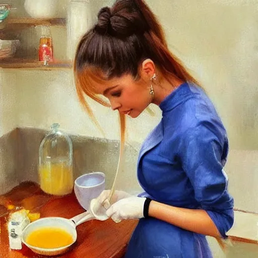 Image similar to Ariana Grande making breakfast for her husband, painting by Vladimir Volegov