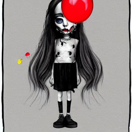 Image similar to surrealism grunge cartoon portrait sketch of billie eilish the raven with a wide smile and a red balloon by - michael karcz, loony toons style, cindy lou who style, horror theme, detailed, elegant, intricate