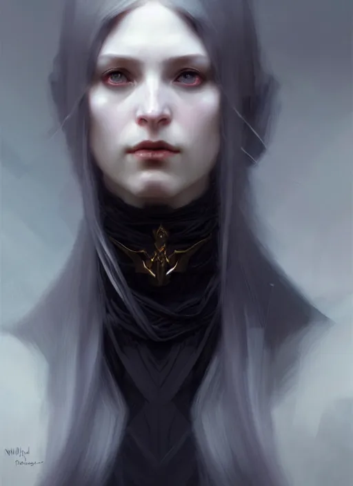 Image similar to character concept portrait of a female wizard with pale skin, dark vibe, intricate, elegant, digital painting, concept art, smooth, sharp focus, illustration, from Metal Gear, by Ruan Jia and Mandy Jurgens and William-Adolphe Bouguereau, Artgerm,