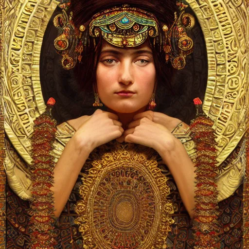 Prompt: orientalist portrait of a mesopotamian woman wearing an ornate bronze headdress selling tapestries in a busy marketplace intricate artwork by Fabio Fabbi and john william waterhouse and Edwin Longsden Long and Nasreddine Dinet and Theodore Ralli trending on artstation, very coherent symmetrical artwork high detail 8k