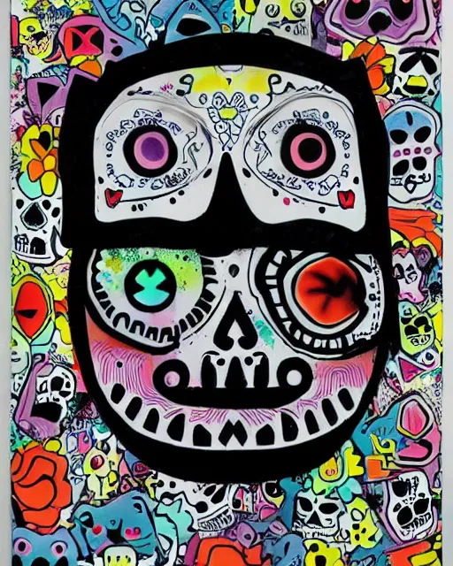 Prompt: day of the dead, cat, monotone pastel smoke, electric shock, a pen & ink, spray art, spatter and collage design, isolated on white rule of thirds, by BAPE and Alex Yanes, Juxtapoz Magazine