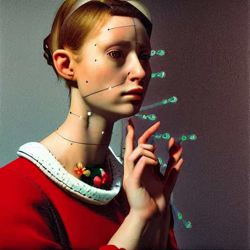 Image similar to hyperrealism photography in caravaggio style quntum computer simulation visualisation of parallel universe sitcom scene with beautiful detailed ukrainian woman kniting with detailed face wearing ukrainian traditional shirt and wearing retrofuturistic sci - fi neural interface designed by josan gonzalez. hyperrealism photo on pentax 6 7, by giorgio de chirico volumetric natural light rendered in blender