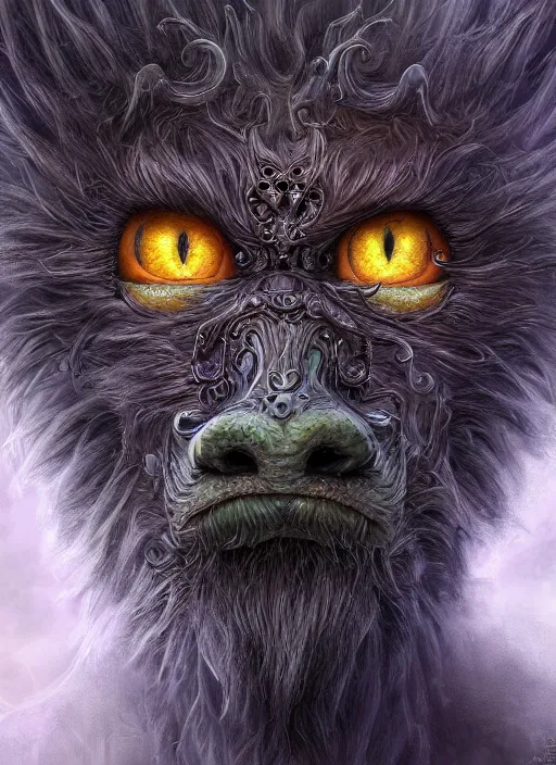 Prompt: hairy monster, detailed eyes, cute, fantasy, intricate, highly detailed, digital painting, 4k, HDR, concept art, smooth, sharp focus, illustration, by Wayne Reynolds