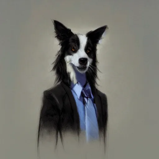 Image similar to a portrait of a cute male anthro border collie fursona wearing a suit. by henry asencio, jon foster, and ross tran. detailed, furry, glamor pose, aesthetic, beautiful, trending on artstation