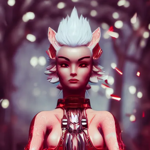 Image similar to kitsune woman fancy haircut, full body, intrincate,unreal engine octane, red and white, glitter, depth of field, 8k, hyper detailed, trending on artstation