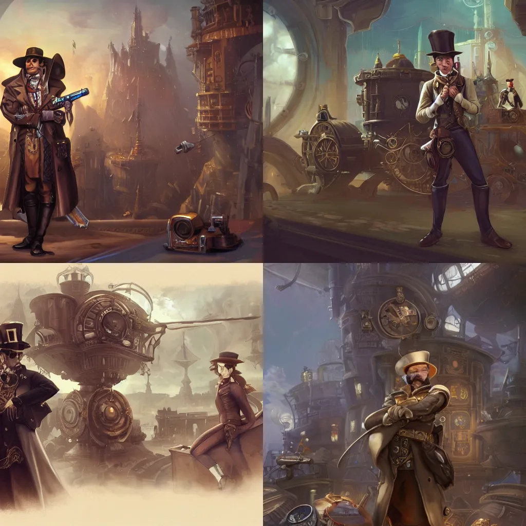 Prompt: a noble male in hat in the center, posing with revolver on steampunk spaceship on background, by tyler edlin and lindsey look, victorian, concept art, steam romance, adventure, jonathan winterhart, detailed, 4k resolution, trending on artstation