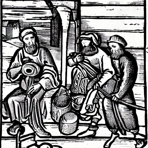 Image similar to peasant speaks on iphone. medieval engraving style