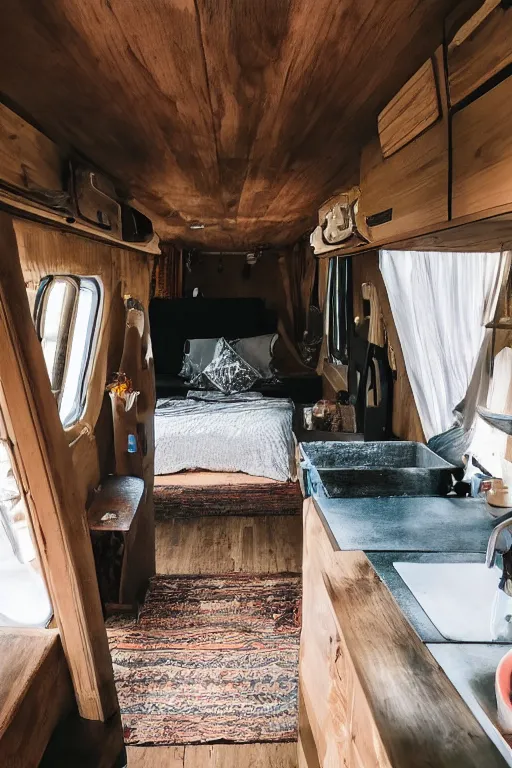 Prompt: conversion van interior, bohemian style, van life, light wood