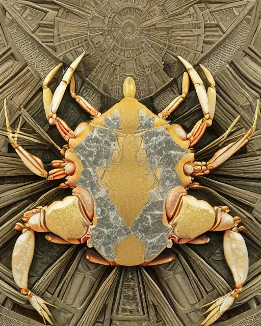 Image similar to symmetry, intracate marble bas relief sculpture, gold inlay, crabs crabs crabs crabs crabs crabs, highly detailed, octane, 8 k, hdr, alphonse mucha, trending on artstation