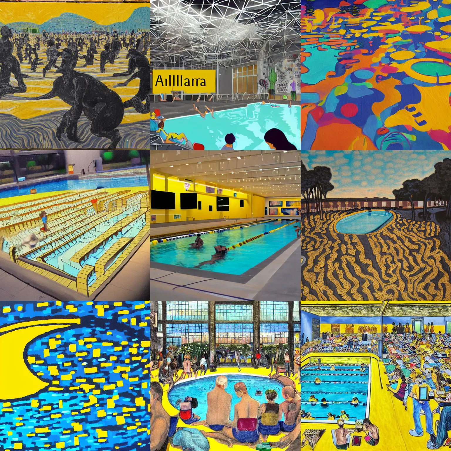 Prompt: when the art knowledge of ai trained by millennials, is like swimming in the yellow tinted wading pool at the community swimming center