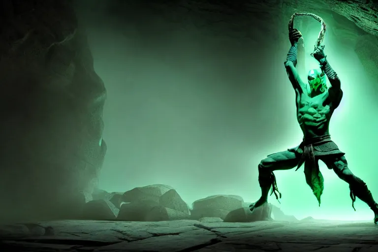 Image similar to vfx film, soul reaver, raziel irl, price of persia movie, missing jaw, hero pose, devouring magic souls, glowing green soul blade, in epic ancient sacred huge cave temple, flat color profile low - key lighting award winning photography arri alexa cinematography, hyper real photorealistic cinematic beautiful, atmospheric cool colorgrade