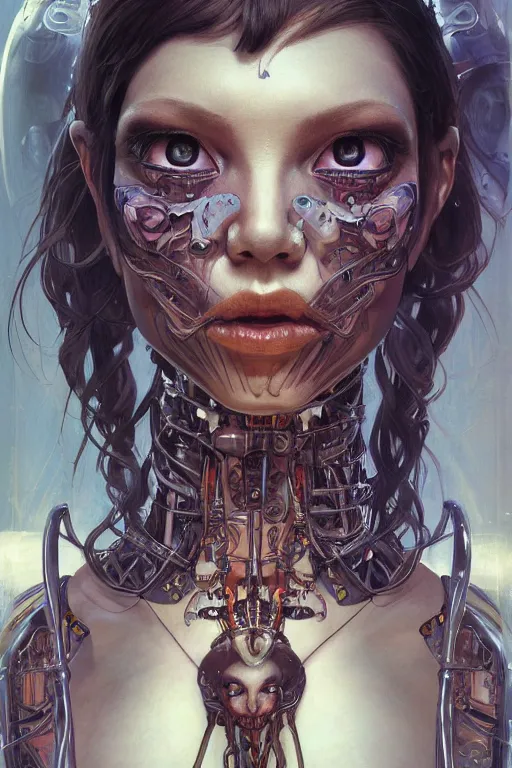 Prompt: An Alien Robot concubine, facial tattoos, artists portrait, biomechanical, oppai, fantasy, highly detailed, photograph, concept art, sharp focus, depth of field blur, illustration, art by artgerm and greg rutkowski and alphonse mucha and trevor brown