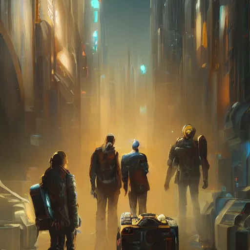 Image similar to an epic painting of the team of group of time travelers, oil on canvas, cold colors, perfect composition, golden ratio, beautiful detailed, photorealistic, digital painting, artstation, concept art, smooth, sharp focus, illustration, cyberpunk background, artstation trending, octane render, unreal engine