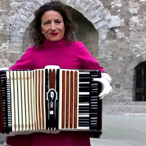 Image similar to realistic photograph of Luciana Littizzetto playing the accordion for Pope Francis, 2019, afternoon