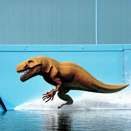 Prompt: T-rex skating on water