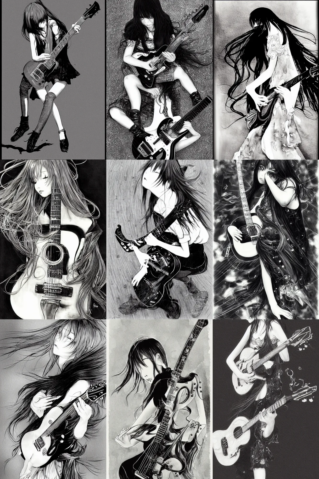 Prompt: girl hitting a guitar to ground by Yoshitaka Amano, black and white, long black hair, highly detailed
