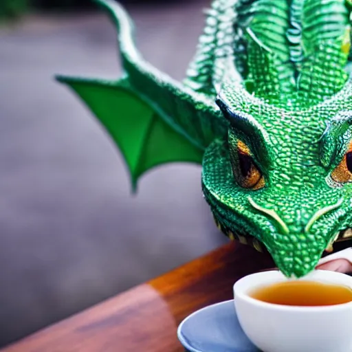 Image similar to a green dragon drinking a cup of tea