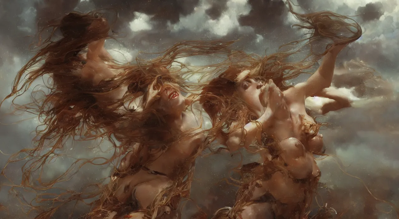 Image similar to 3 0 perfect woman bodies flying inside spaghetti bolognesa with meatballs and hundred rusted perfect woman bodies flying in stormy clouds by by jeremy mann and alphonse mucha, fantasy art, photo realistic, dynamic lighting, artstation, poster, volumetric lighting, very detailed faces, 4 k, award winning, hyper - realism