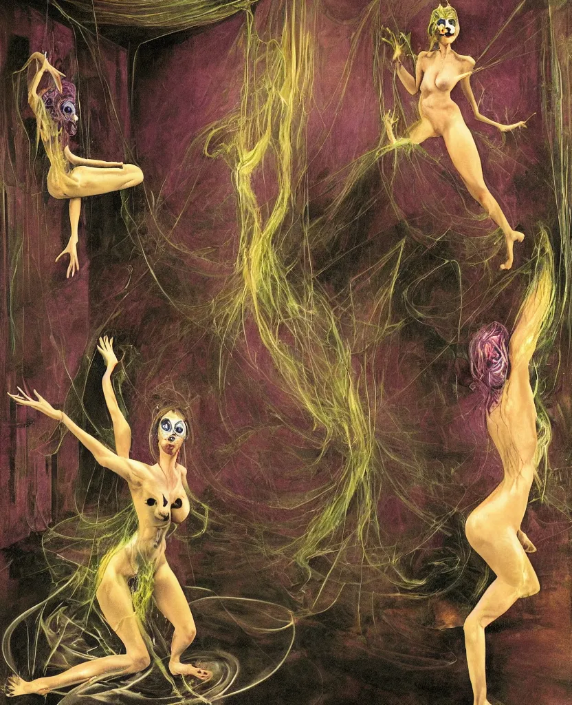 Image similar to Realistic detailed image of one woman sirene bouncing in a living room of a house, floating dark energy surrounds the middle of the room. There is one living room plant to the side of the room, surrounded by a background of dark cyber mystic alchemical transmutation heavenless realm, cover artwork by francis bacon and Jenny seville, midnight hour, part by adrian ghenie, part by jeffrey smith, part by josan gonzales, part by norman rockwell, part by phil hale, part by kim dorland, artstation, highly detailed