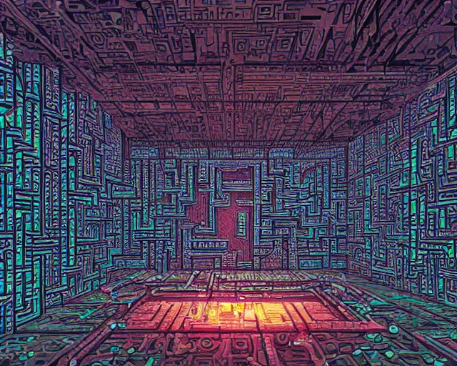 Image similar to interior of an underground maze within a large cyberpunk complex, pixelart, brutalism, volumetric lighting, 8 k, art by dan mumford, greg rutowski, johan grenier