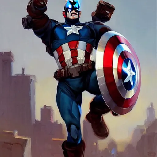 Image similar to greg manchess portrait painting of heavily armored captain america as overwatch character, totally whack, medium shot, asymmetrical, profile picture, organic painting, sunny day, matte painting, bold shapes, hard edges, street art, trending on artstation, by huang guangjian and gil elvgren and sachin teng