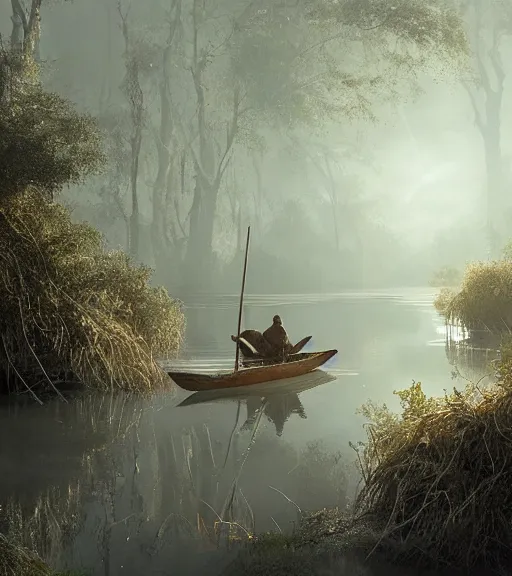 Image similar to three cuervos de pantano in a little boat in a swamp, long legs, volumetric lighting, majestic light, octane render, ethereal glare of the sun, hyperrealistic, epic, masterpiece, by greg rutkowski