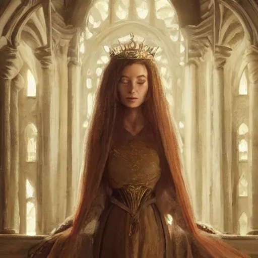 Prompt: Princess at a royal banquet, elegant dress, intricate, matte, 8K, warm lighting, large staircase, royalty, ultra detail, medieval-fantasy, concept art, cinematic, art by Leesha Hannigan and Greg Rutkowski, beautiful face, high detailed facial features, masterpiece, award-winning