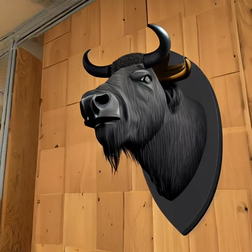 Prompt: hunting trophy in the form of a bison head, with oculus quest glasses over the eyes, nailed to the wall, photorealistic