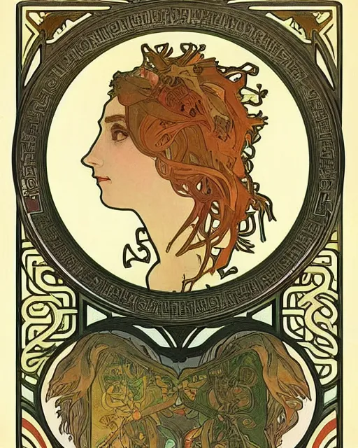 Image similar to four of an eagle, face of an lion, face of an ox, face of an human, on one creature. drawn by alphonse mucha