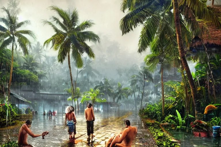 Prompt: ultra realistic illustration, photo, monsoon on tropical island, ornate, beautiful, atmosphere, vibe, mist, coconuts, rain, wet, pristine, puddles, melting, dripping, creek, bridge, forest, roses, flowers, by stanley artgerm lau, thomas kindkade, art gta 5 cover