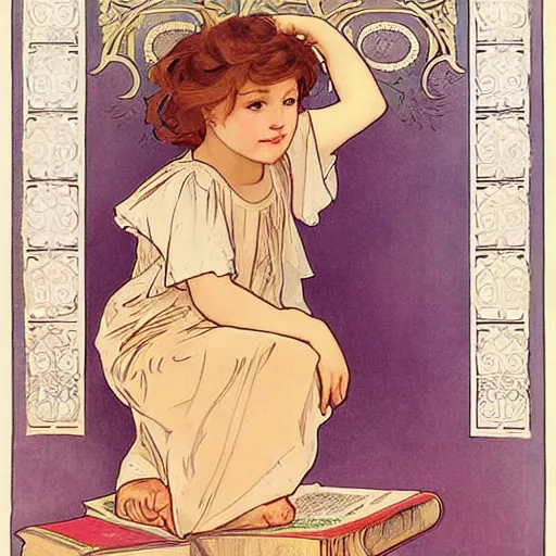 Image similar to a little girl sitting on a pile of books reading a book. beautiful painting with high quality detailed face by alphonse mucha. flat colors, plain white background