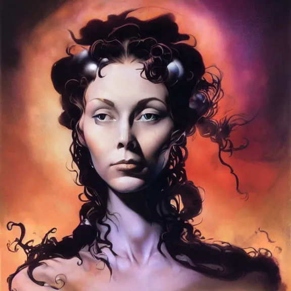 Image similar to portrait of a woman with swirling hair and fractal skin by frank frazetta, retrofuturism, psychedelic art reimagined by industrial light and magic