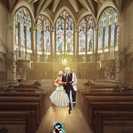 Image similar to wide shot of Colonel Sanders getting married to a chicken in a church, modern setting, intricate, elegant, highly detailed, digital painting, artstation, concept art, matte, sharp focus, illustration, hearthstone, art by Artgerm and Greg Rutkowski and Alphonse Mucha