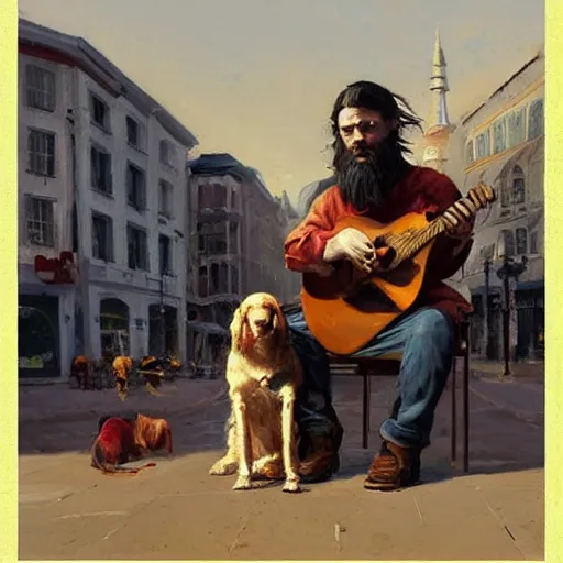 Prompt: oil painting of a man with long hair and a beard with his golden retrever dog playing guitar in the square for money, by greg rutkowski, artstation