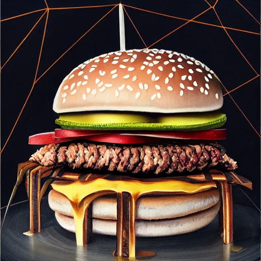 Image similar to mythological Odin all father god of thunder and artificial intelligence creating an artificial neural network inside a big mac, serving burgers, eating rack of ribs, bbq sauce, high resolution, award winning art, trending on art station, sharp image, incredibly detailed, odin all father detailed character, realistic painting
