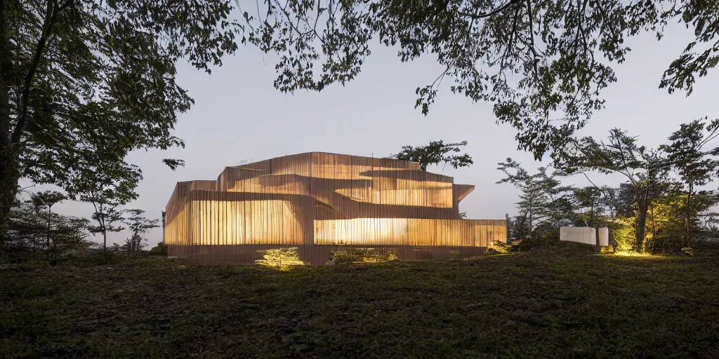 Image similar to Architectural photography of beautiful nature meets architecture concept of a residential house by Kengo Kuma, volumetric lighting,, luxury, high detail, 14mm, cinematic photography, high resolution