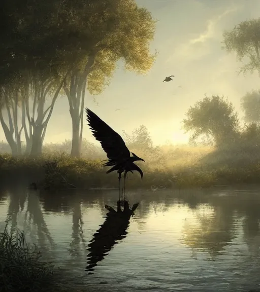 Image similar to three crows in a little boat in a swamp, volumetric lighting, majestic light, octane render, ethereal glare of the sun, hyperrealistic, epic, masterpiece, by greg rutkowski