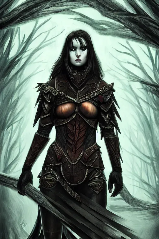 Image similar to dramatic dark forest scenery, girl with sharp fangs in hide leather armor, high fantasy concept art, poster