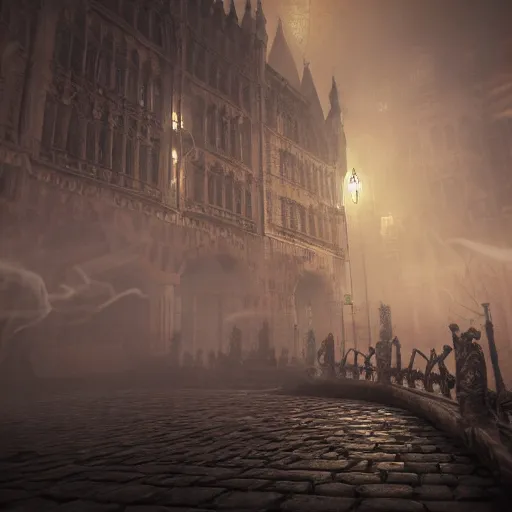 Image similar to haunted gothic horror lovecraftian city, swirling smoke and mist, ultrarealistic, intricate detail, finely detailed, small details, extra detail, high resolution, volumetric lighting, octane render, 8 k