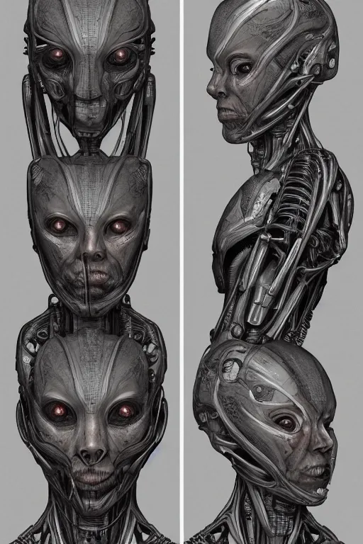 Prompt: cyborg queen with gunmetal grey skin, medical anatomy, very symmetrical face, highly detailed, mecha, three - perspective / three - view reference sheet ( front / back / side ), in the style of james gurney, dan ouellette, hr giger, sil from species, dren from splice, biomechanical, artstation, unreal engine