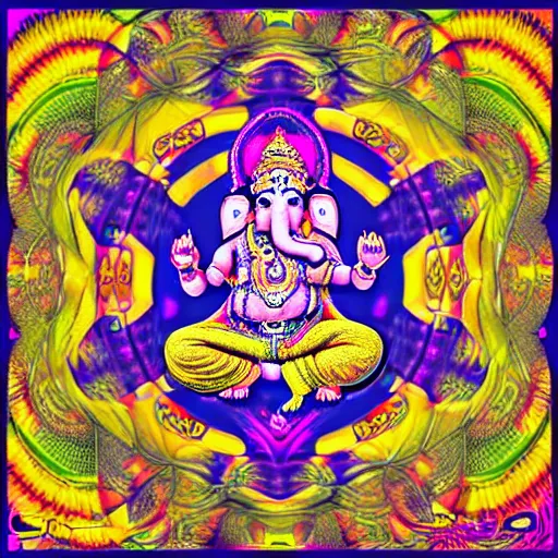 Prompt: hindu god ganesha, dmt trip, psychedelic, fractal patterns, centered, symmetrical, vivid colors, detailed