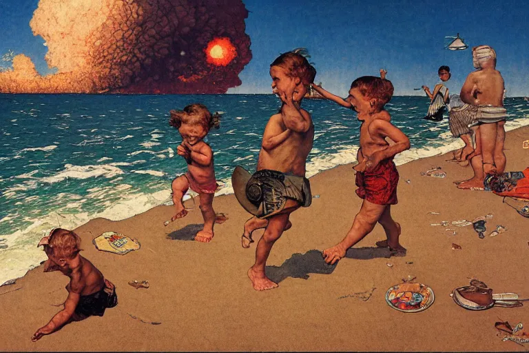 Image similar to children playing at the beach, huge atomic explosion in the background, view from above, detailed, by norman rockwell, by mattias adolfsson, by moebius, oil on canvas,